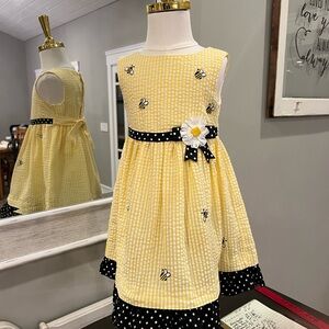 Girls' Yellow Bee-Print Summer Dress with Black Polka Dot Trim